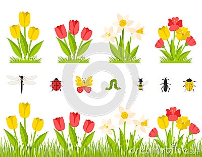 Garden spring flowers. A bush of tulips, daffodils, poppies. Flowers in the grass, meadow. Collection of insects Vector Illustration