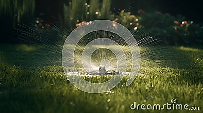 Garden sprinkler spraying water on fresh. Generative Ai Stock Photo