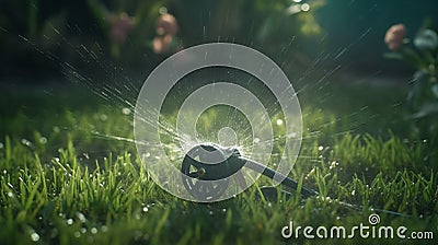 Garden sprinkler spraying water on fresh. Generative Ai Stock Photo