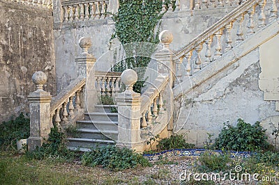 Garden stairways of a abandoned old mansion Stock Photo