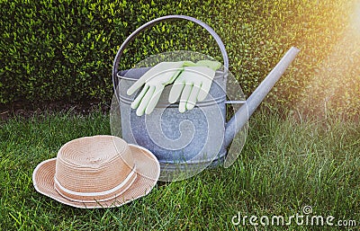 Watering can, garden gloves and summer hat on green grass. Stock Photo