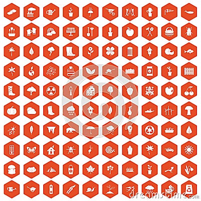 100 garden stuff icons hexagon orange Vector Illustration