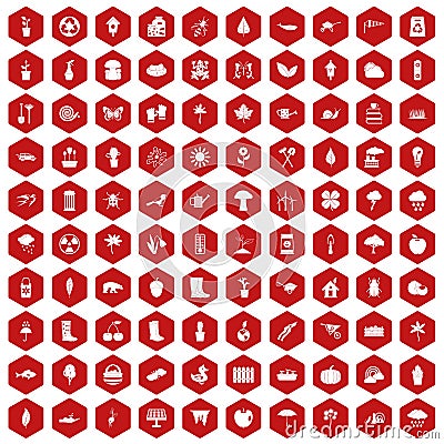 100 garden stuff icons hexagon red Vector Illustration