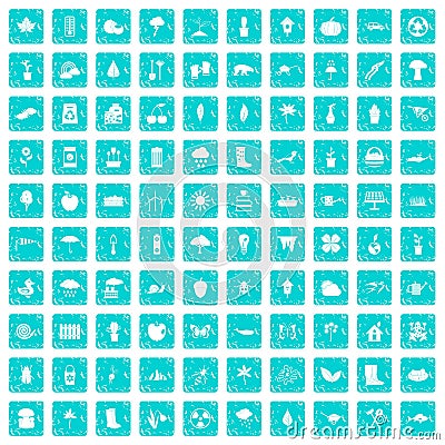 100 garden stuff icons set grunge blue Vector Illustration