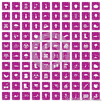 100 garden stuff icons set grunge pink Vector Illustration