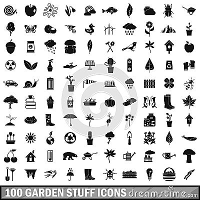 100 garden stuff icons set, simple style Vector Illustration
