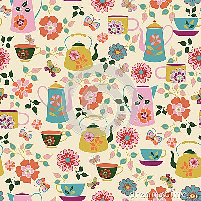 Garden Tea Party Seamless Pattern Stock Photo