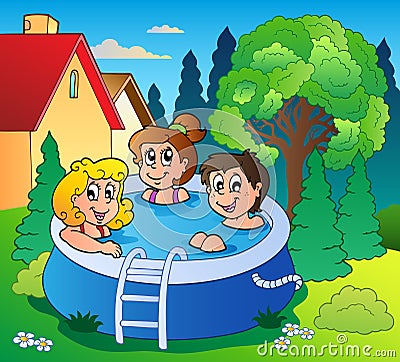 Garden with three kids in pool Vector Illustration