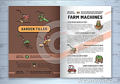 Garden tiller and farm machines agricultural business brochure Vector Illustration