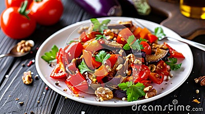 Garden-to-Plate Delight: Hearty Baked Vegetable Salad with Flavorful Sauce and Crunchy Nuts, Present Stock Photo