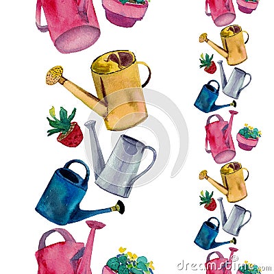 Watercolor draw of watering can and plants in seamless frame. Stock Photo