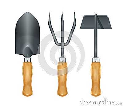 Garden tool for gardening work. Spade, rake, hoe. Vector illustration. Vector Illustration