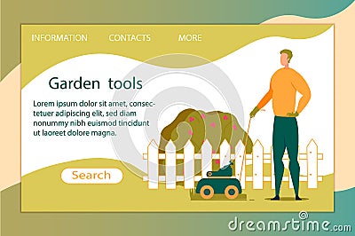 Happy Character Work at Home Yard Using Lawn Mower Vector Illustration