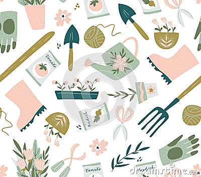 Garden tool seamless pattern. Vector illustration of gardening elements. Happy gardening. Vector Illustration