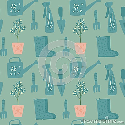 Garden tool seamless pattern. Watering, shovel, plant silhouettes in stylized artwork. Turquoise and blue tones palette Cartoon Illustration