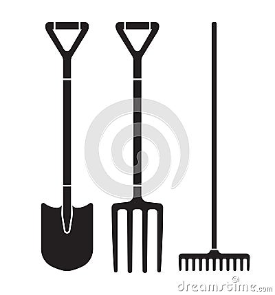 Garden tool spade, pitchfork and rake vector icons Vector Illustration