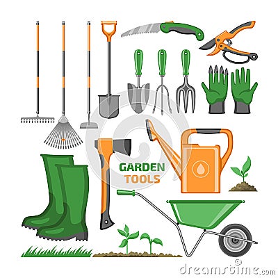 Garden tool vector gardening equipment rake shovel trowel and watering can of gardener farm collection illustration Vector Illustration