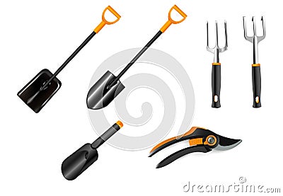 Gardening equipment: rake, shovel, scissors set Vector Illustration