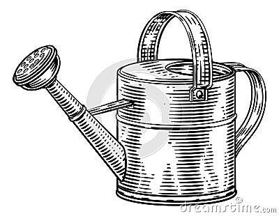 Garden Tool Watering Can Woodcut Vintage Style Vector Illustration