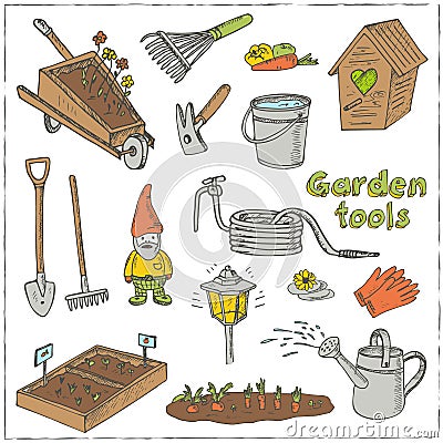 Garden tools doodle set. Various equipment facilities for gardening and agriculture. Vector Illustration