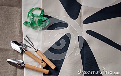 Garden tools, fabric and tape measure Stock Photo