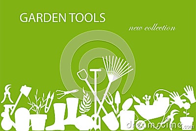 Garden tools. Farming work instruments. Gardening equipment collection. Silhouette wheelbarrow and bucket. Plants Vector Illustration