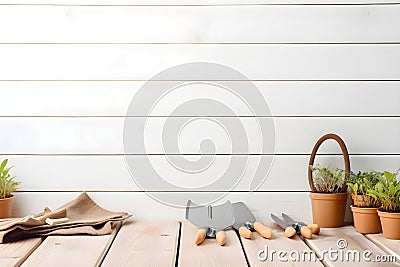 Garden tools and flower seedlings on a white wooden background, Generative AI 1 Stock Photo