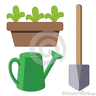Garden tools items with plants flowers pots watering can and shovel. Vector Illustration