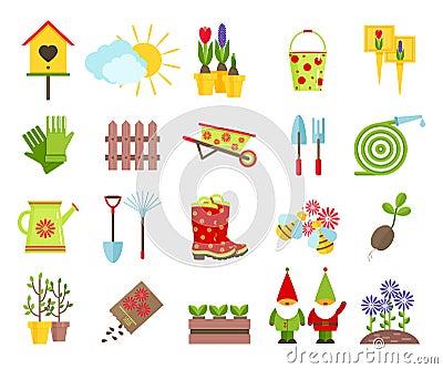 Garden tools and other elements of gardening flat icons set Vector Illustration