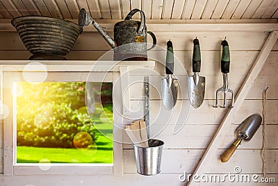 Garden tools in a small storage shed. Stock Photo