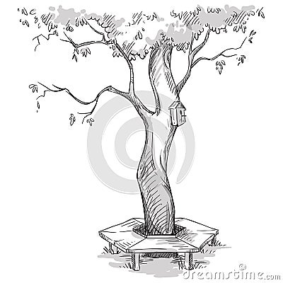 Garden. Tree and a wooden bench around it. Vector Illustration