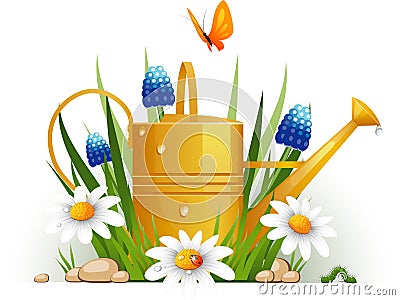 Garden watering can with flowers Vector Illustration