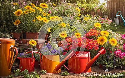 Garden watering cans, color in flowerpots the summer garden Stock Photo