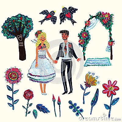 Garden wedding clipart with bride, groom, two swallowes, flowers, leaves, tree and arch. Cartoon Illustration