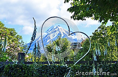 Garden wedding setting & giant floral heart front of snow capped mountain Stock Photo