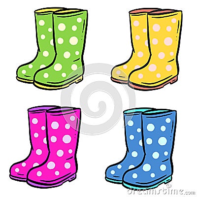 Garden Wellington Boots Cartoon Illustration Wellies in Yellow Pink Blue and Green with Spots Vector Illustration