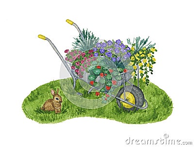 A garden wheelbarrow full of flowers stands on a green lawn with a small rabbit Stock Photo