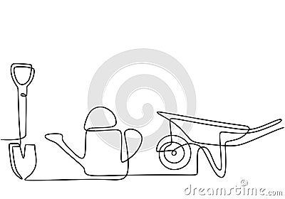 Garden wheelbarrow, watering can, and shovel in continuous one line drawing. Farmer equipment isolated on white background. Vector Illustration