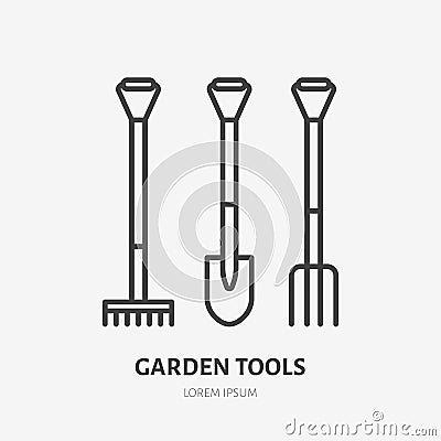 Garden work tools flat line icon. Shovel, rake and pitchfork sign. Thin linear logo for gardening, agriculture Vector Illustration