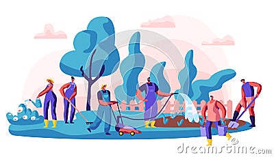 Gardener Caring of Residential Territory. Character Watering Bush and Flower, Digging and Working with Lawn Mower Vector Illustration