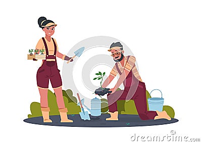 Gardener. Cartoon agricultural workers replanting seedlings. Man and woman working in garden. Young farmers with shovel Vector Illustration