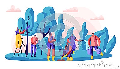 Gardener Characters at Work. Man and Woman Working in the Garden Growing Tree and Plants with Tools. Organic Gardening Concept Vector Illustration