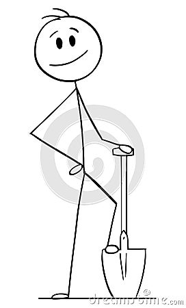 Gardener or Digger with Spade or Shovel, Vector Cartoon Stick Figure Illustration Vector Illustration