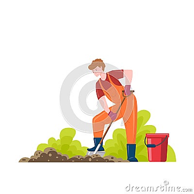 Gardener farmer digging soil with shovel Vector Illustration