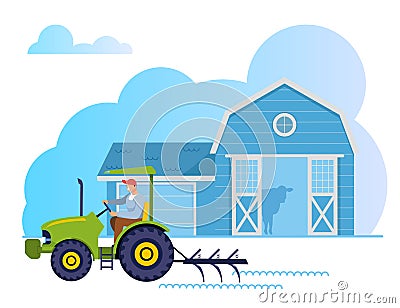 Gardener, Farmer Worker Character Driving Tractor Vector Illustration