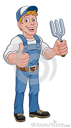 Gardener Garden Fork Tool Handyman Cartoon Man Vector Illustration