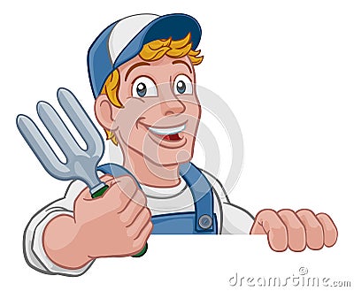 Gardener Garden Fork Tool Handyman Cartoon Man Vector Illustration