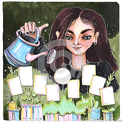 Gardener girl woman with flowers watering can water frame with elements Stock Photo