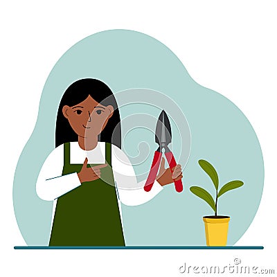 A gardener is a girl in working clothes, he has a pruner in his hand. Vector Illustration