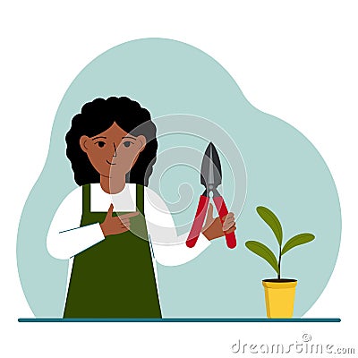 A gardener is a girl in working clothes, he has a pruner in his hand. Vector Illustration